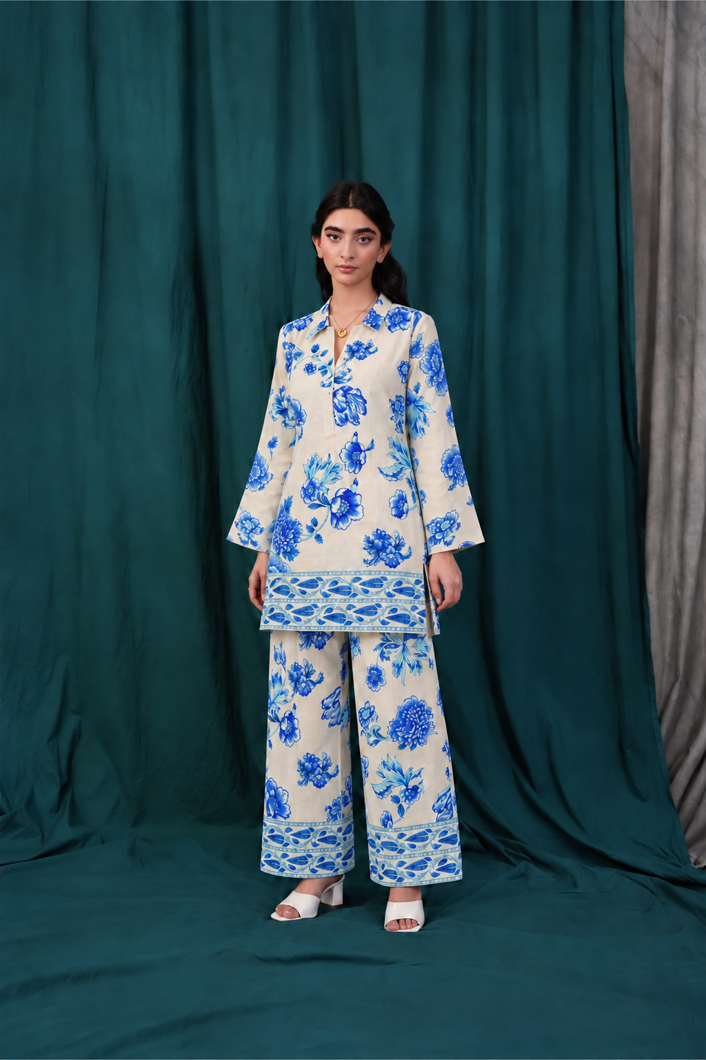 Viscose White Printed 2-Piece Stitched Suit
