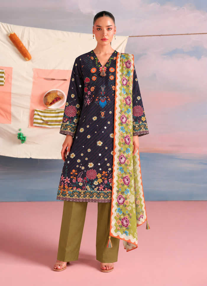 Khaddar Purple Printed 3-Piece Stitched Suit