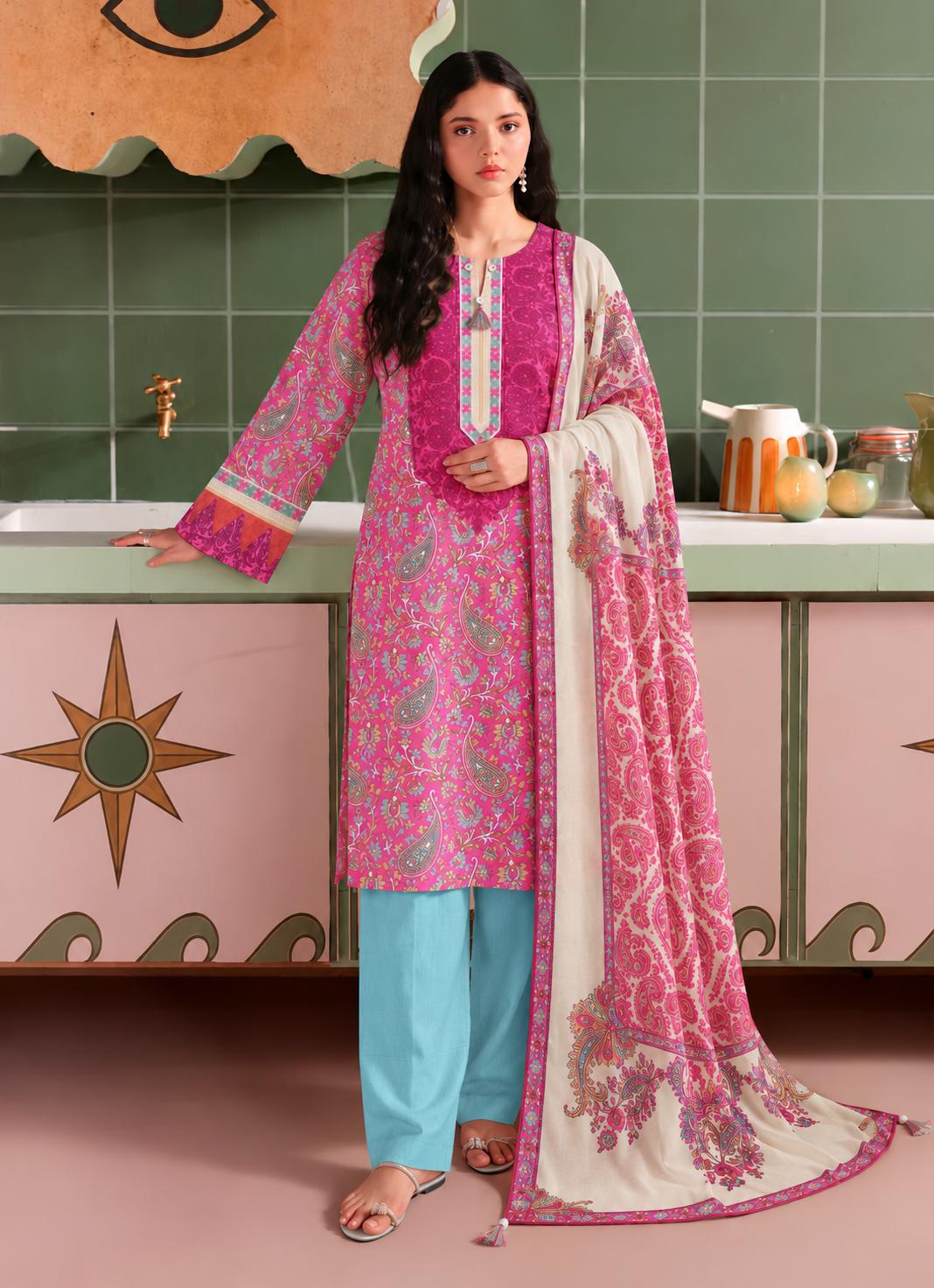 Khaddar Pink Printed 3-Piece Stitched Suit