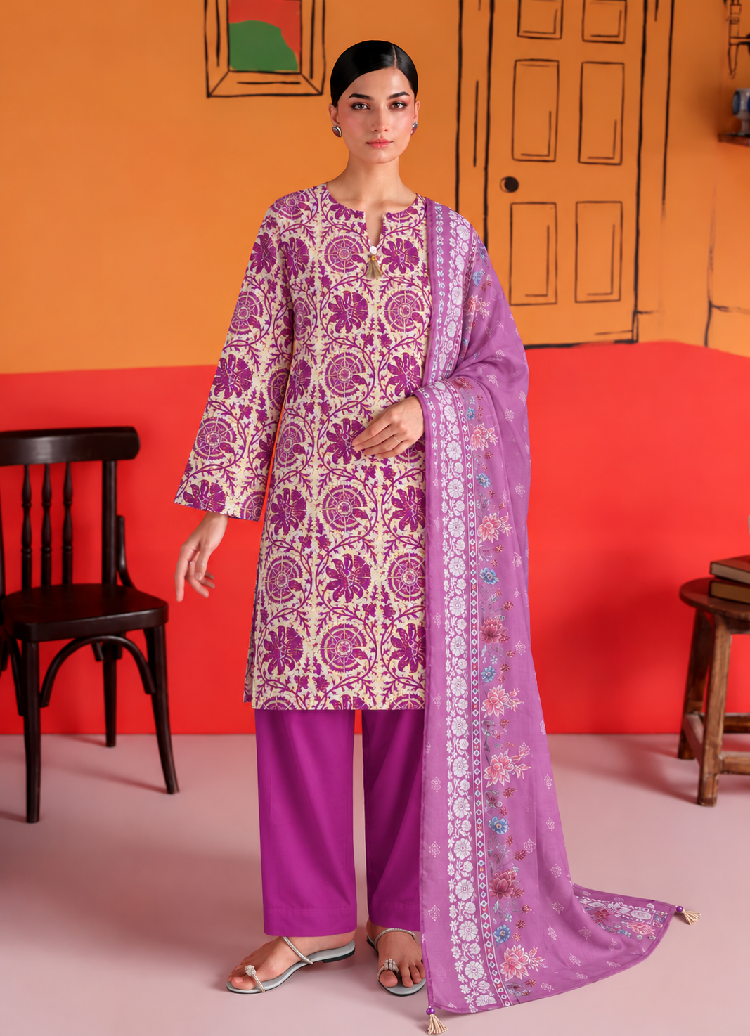 Khaddar Pink Printed 3-Piece Stitched Suit