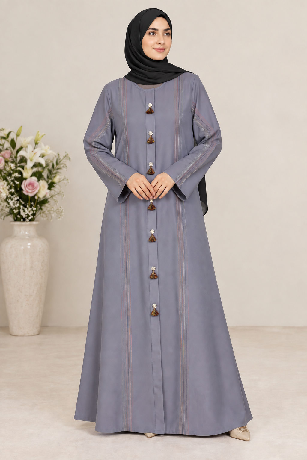 Dusty Blue Multicolor Thread Abaya