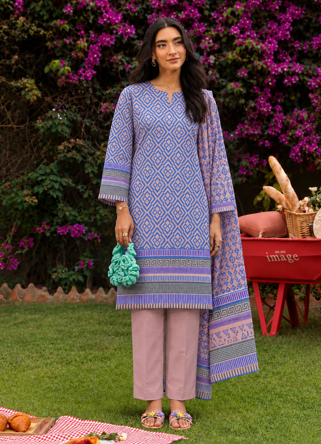 Karandi Blue Printed 3-Piece Stitched Suit