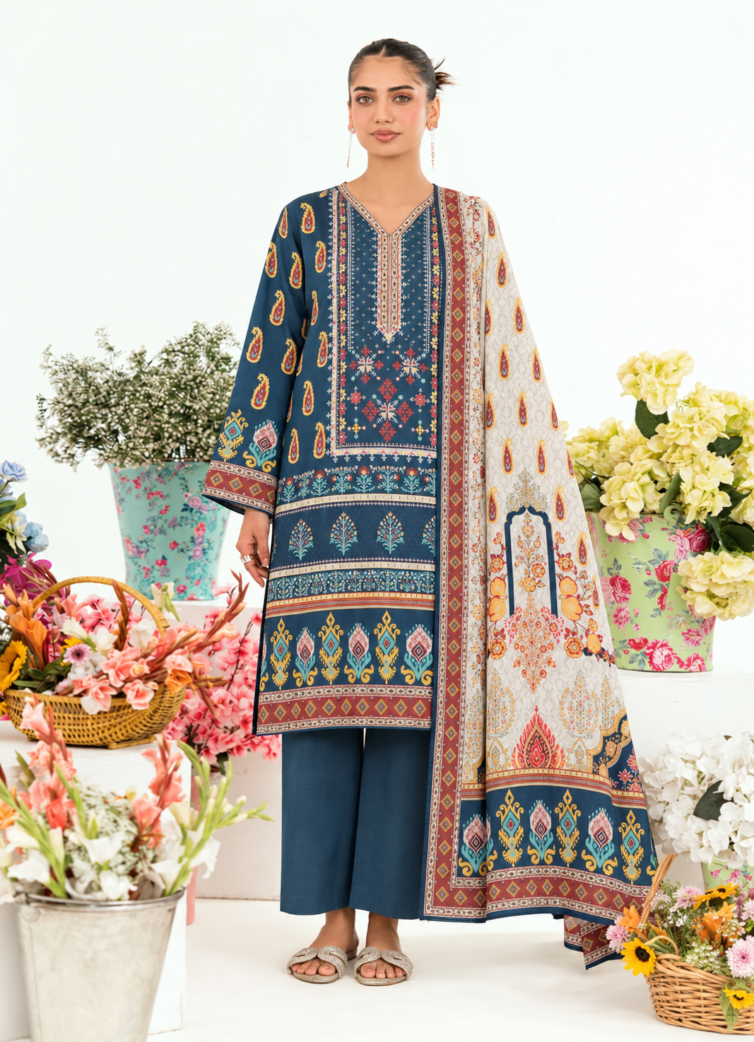 Khaddar Teal Blue Printed 3-Piece Stitched Suit