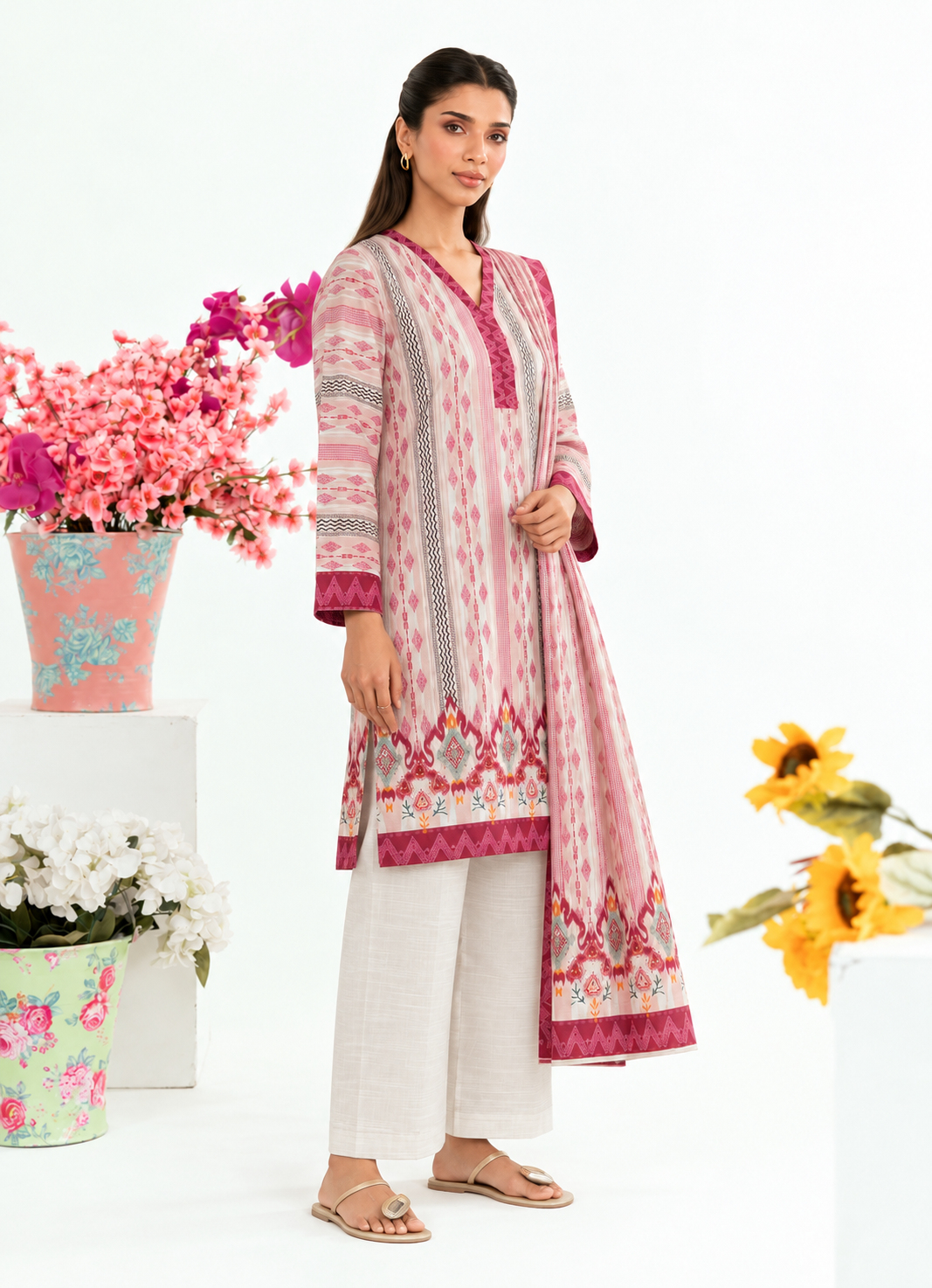 Khaddar Pink Printed 3-Piece Stitched Suit