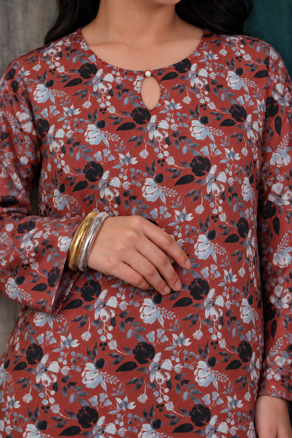 Viscose Rust Printed 3-Piece Stitched Suit