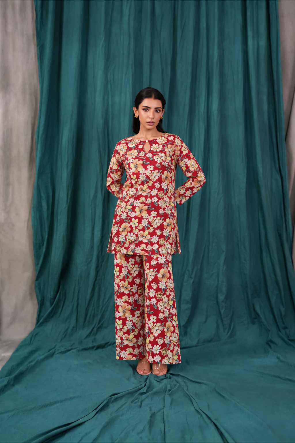 Viscose Red Printed 3-Piece Stitched Suit