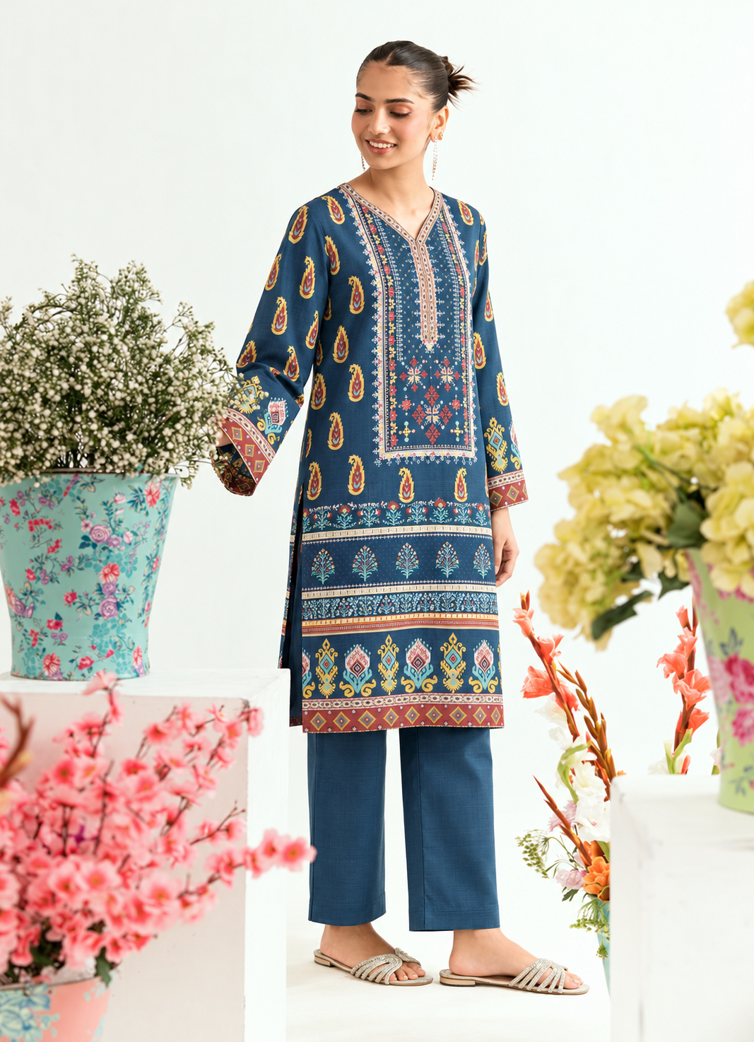 Khaddar Teal Blue Printed 3-Piece Stitched Suit
