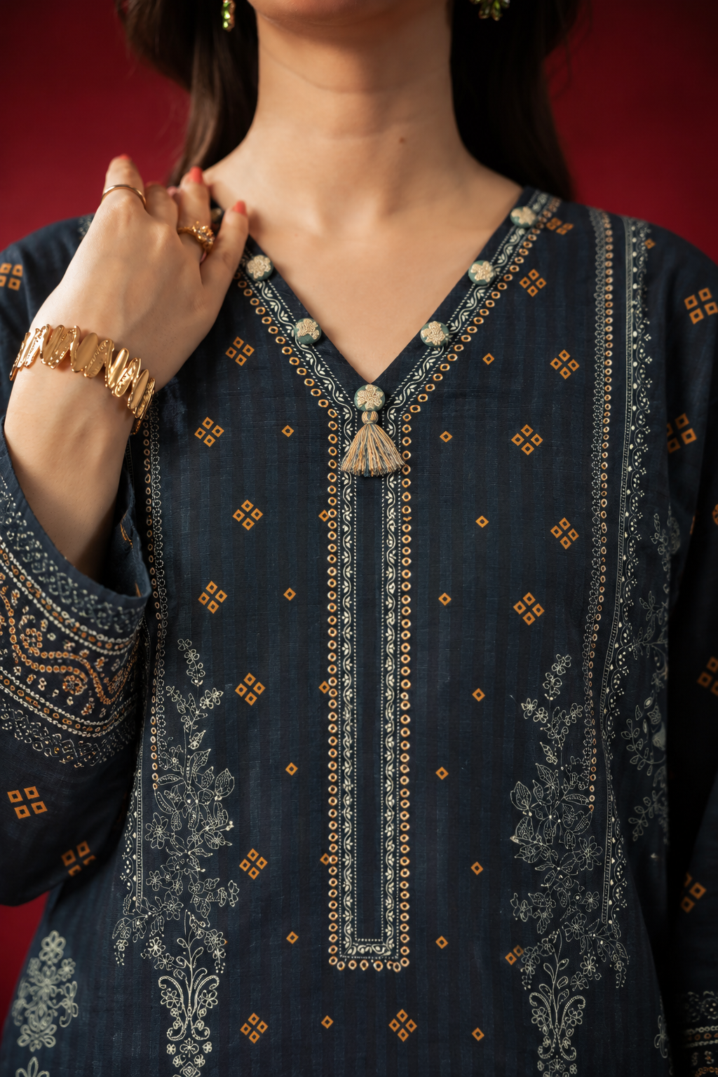 Khaddar Navy Printed 3-Piece Stitched Suit