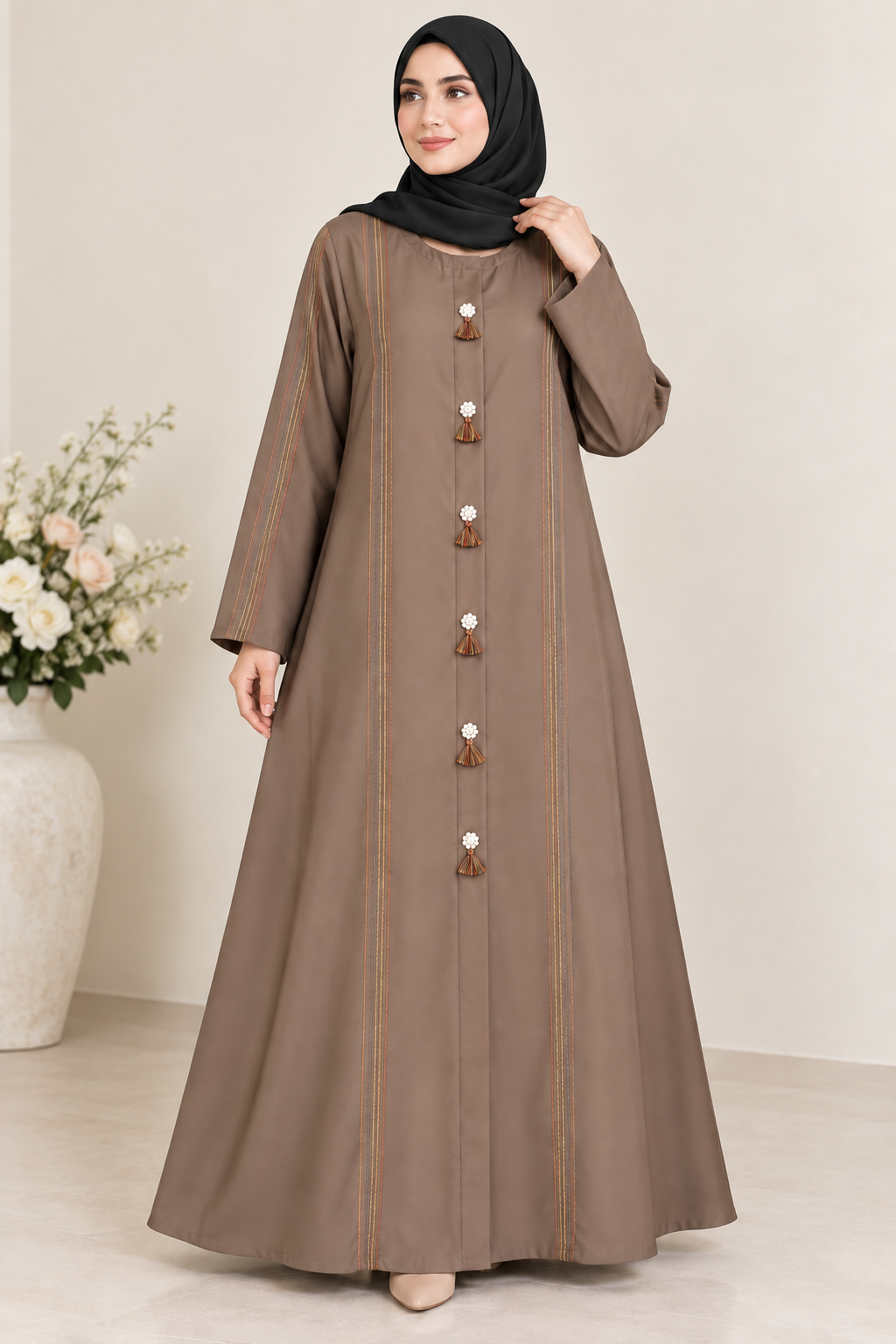 Mocha Brown Multicolor Thread Abaya