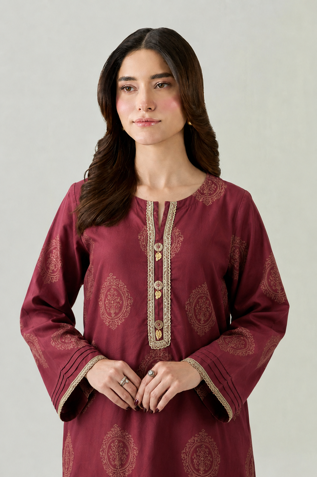 Maroon Printed Lawn 2PC Stitched Shirt & Trouser Suit