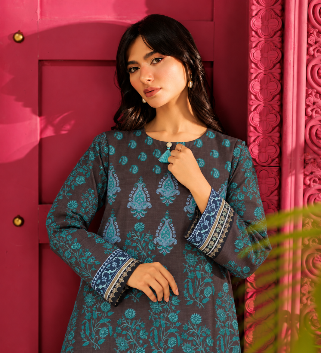 Khaddar Charcoal Printed 3-Piece Stitched Suit