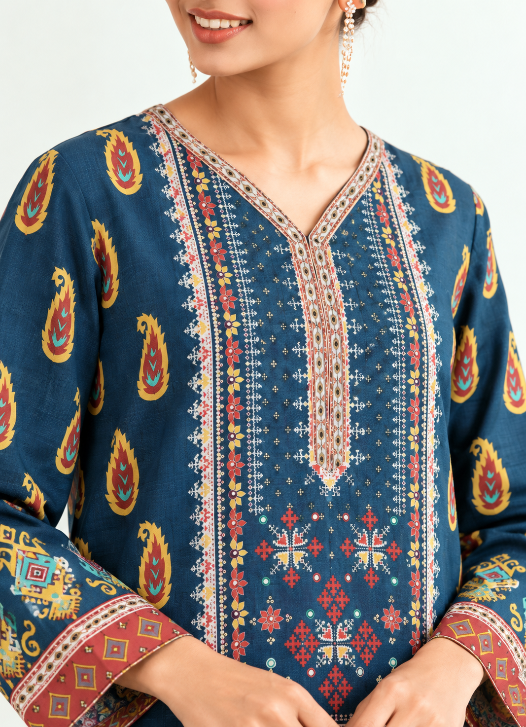 Khaddar Teal Blue Printed 3-Piece Stitched Suit