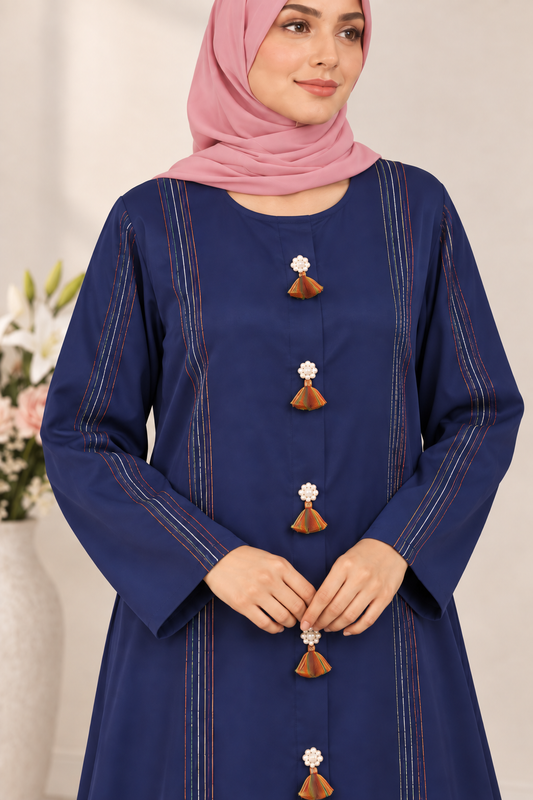 Navy Blue Multicolor Thread Abaya