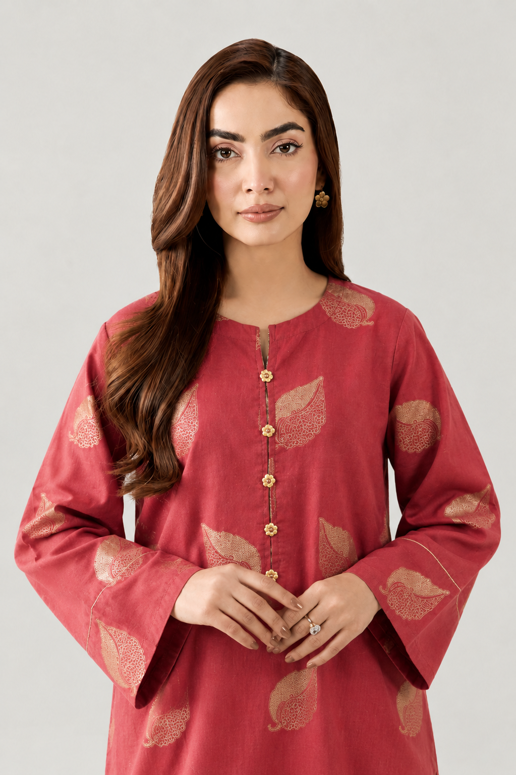 Coral Red Printed Lawn 3PC Stitched Suit