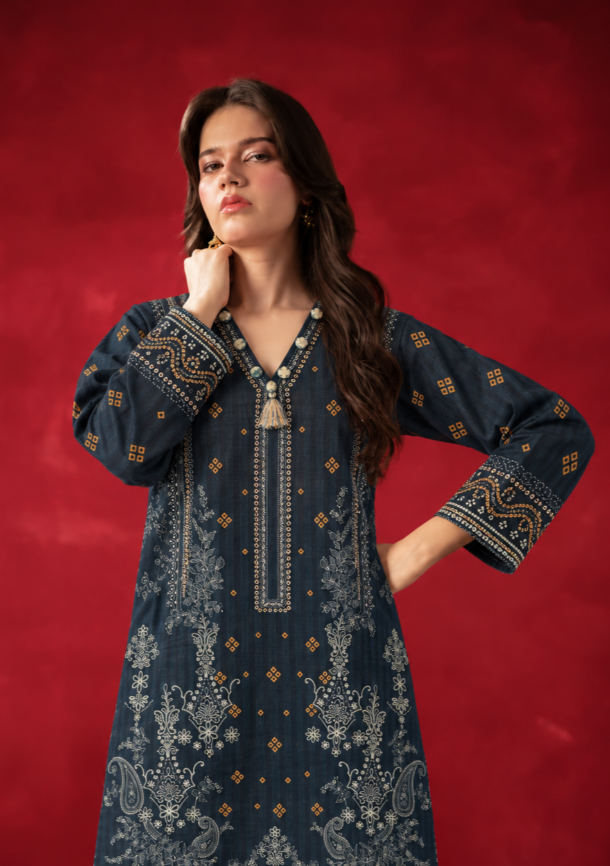 Khaddar Navy Printed 3-Piece Stitched Suit
