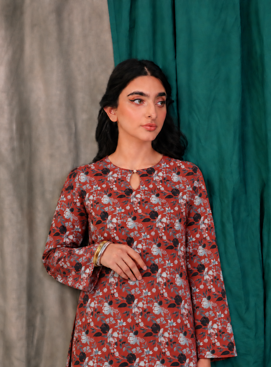 Viscose Rust Printed 3-Piece Stitched Suit