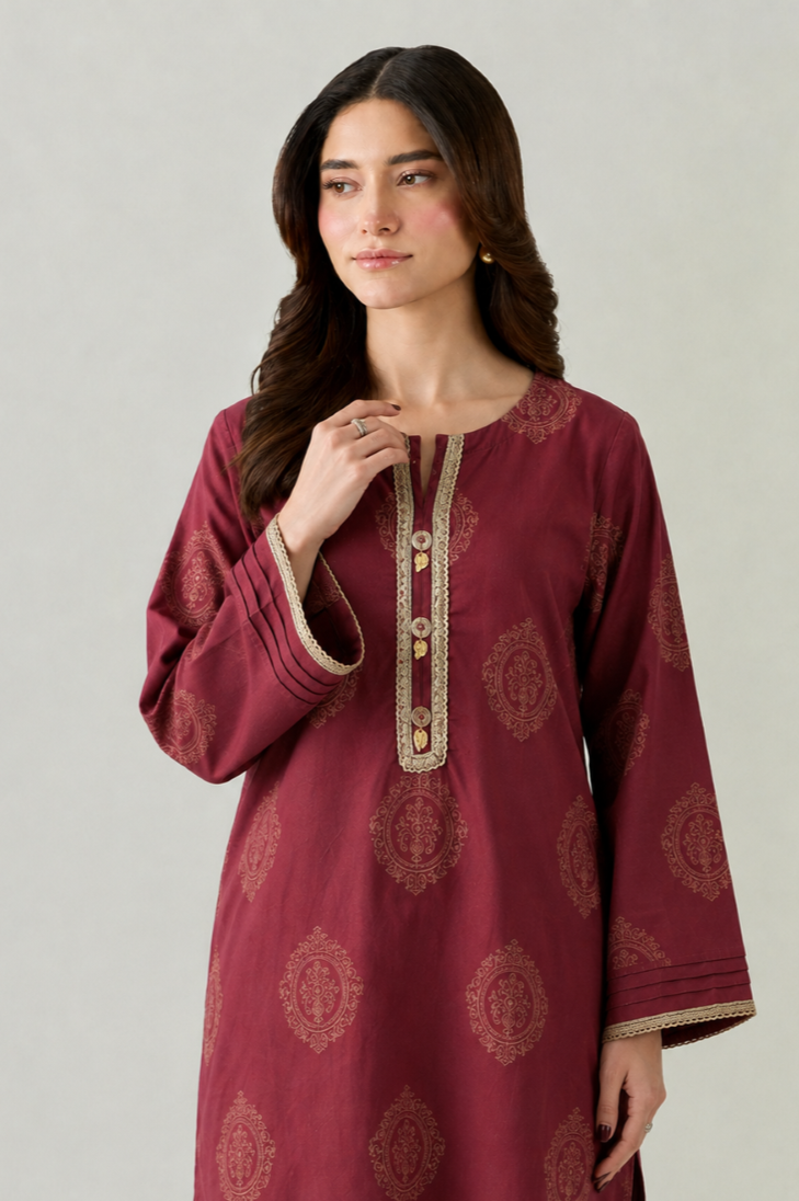 Maroon Printed Lawn 2PC Stitched Shirt & Trouser Suit