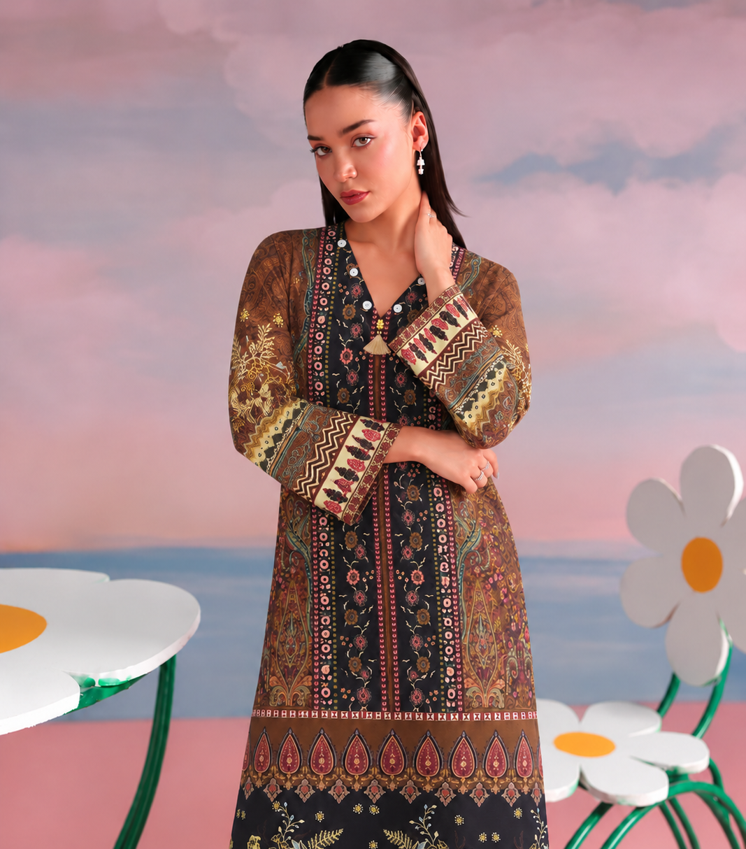 Khaddar Brown Printed 3-Piece Stitched Suit
