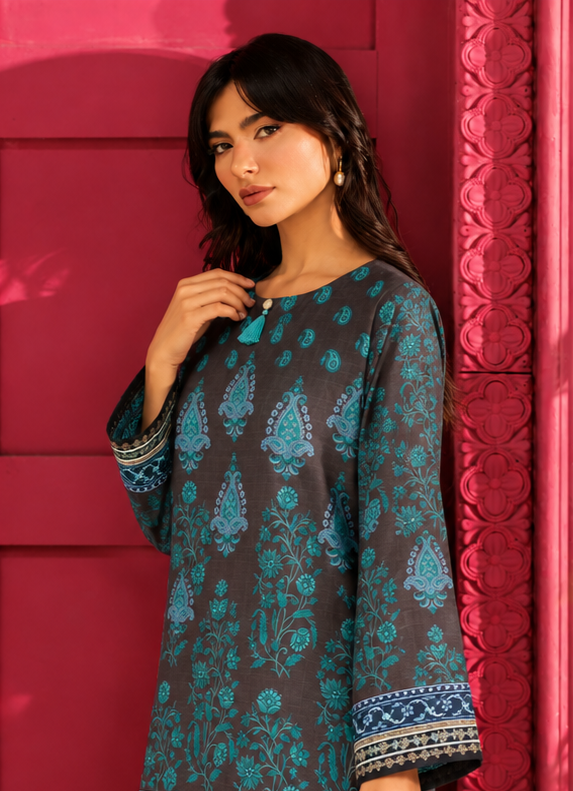 Khaddar Charcoal Printed 3-Piece Stitched Suit