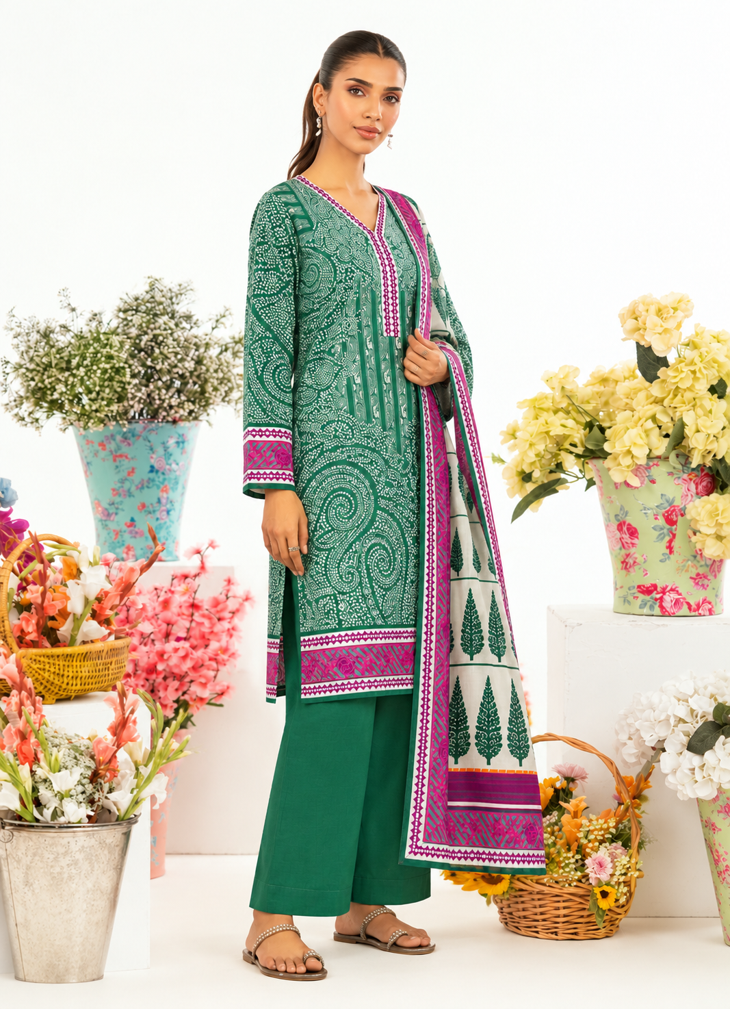 Khaddar Green Printed 3-Piece Stitched Suit