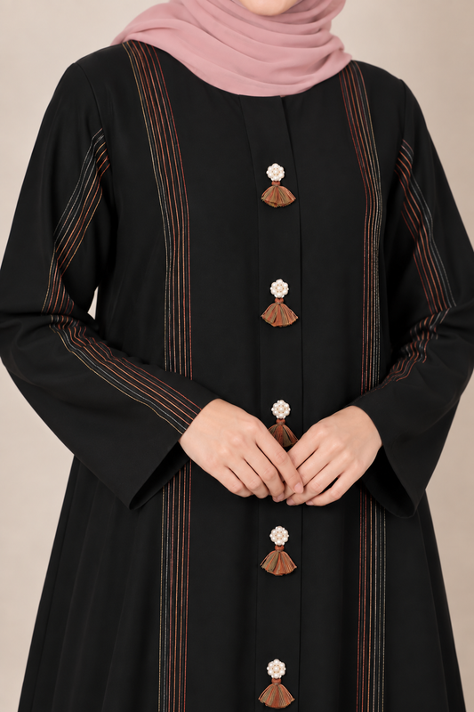 Black Multicolor Thread Line Abaya