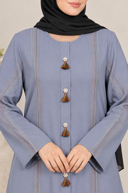Dusty Blue Multicolor Thread Abaya