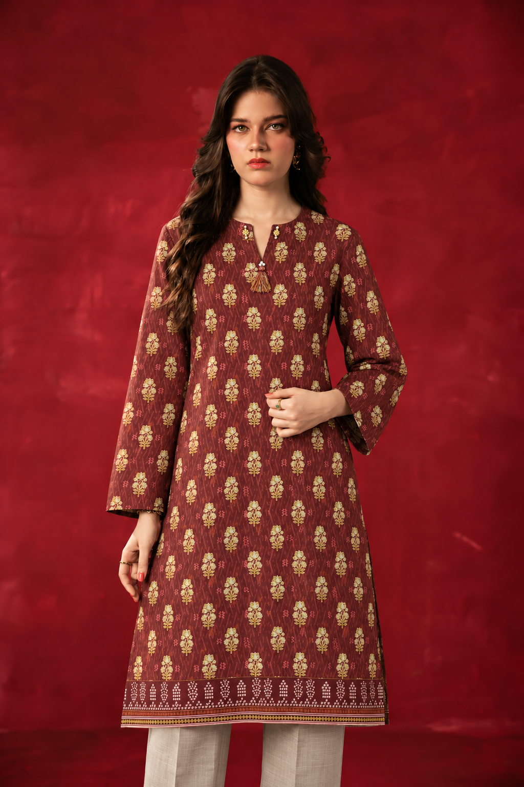 Khaddar Mahroon Printed 3-Piece Stitched Suit