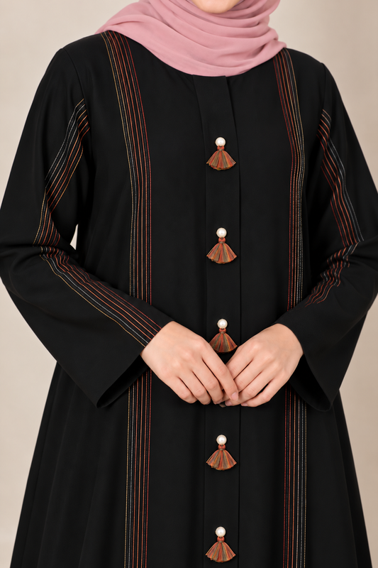 Black Multicolor Thread Line Abaya