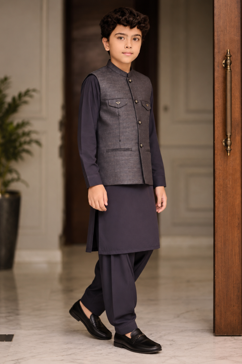 Boys Textured Waistcoat Shalwar Kameez Set