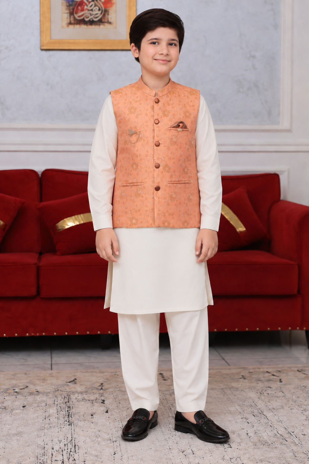 Boys Floral Jacquard Waistcoat Shalwar Kameez Set