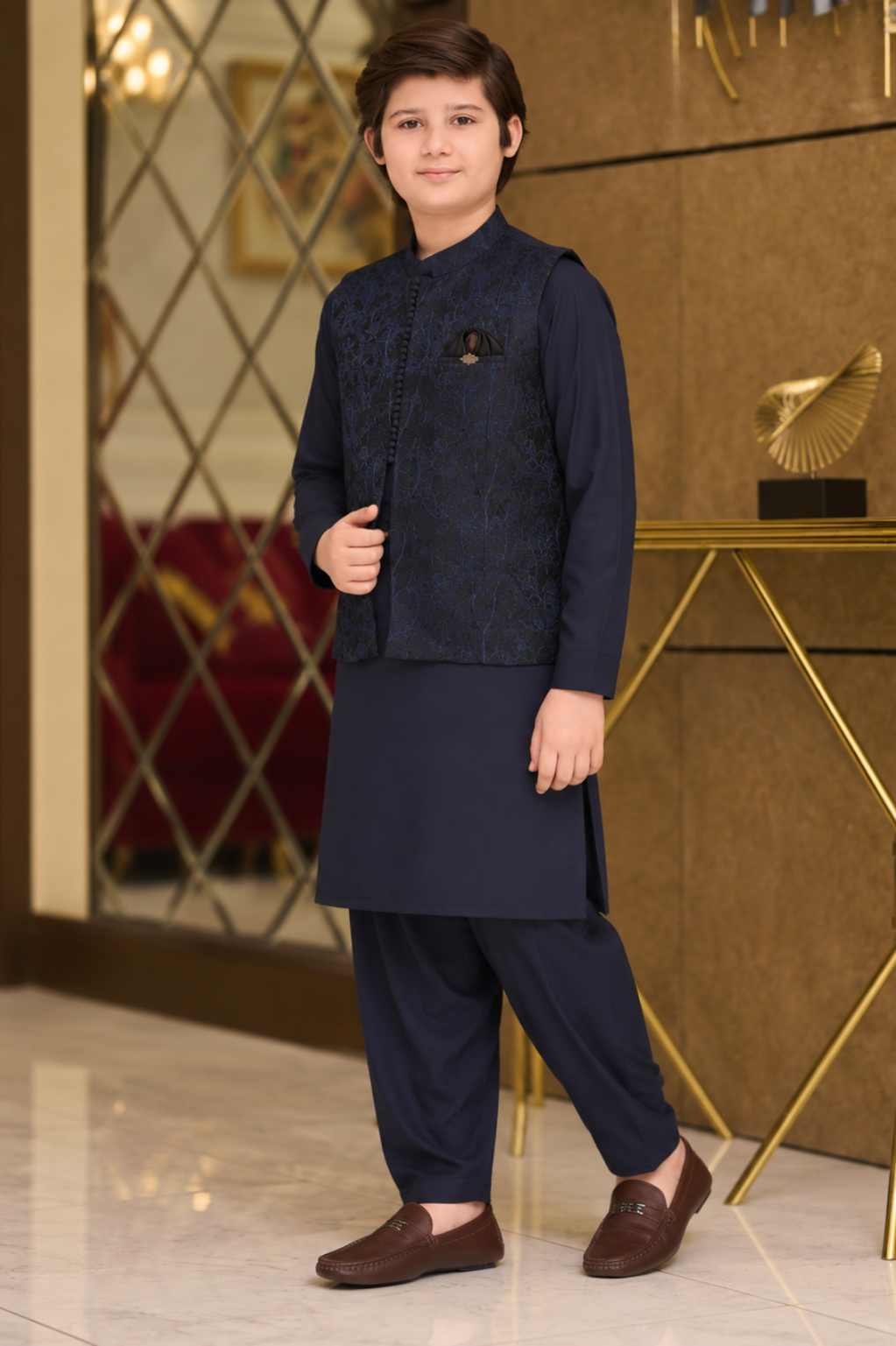 Boys Jacquard Waistcoat Shalwar Kameez Set