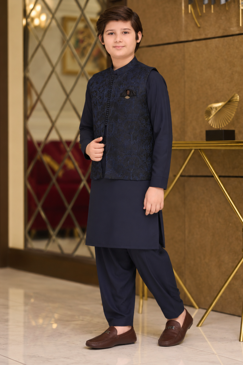 Boys Jacquard Waistcoat Shalwar Kameez Set