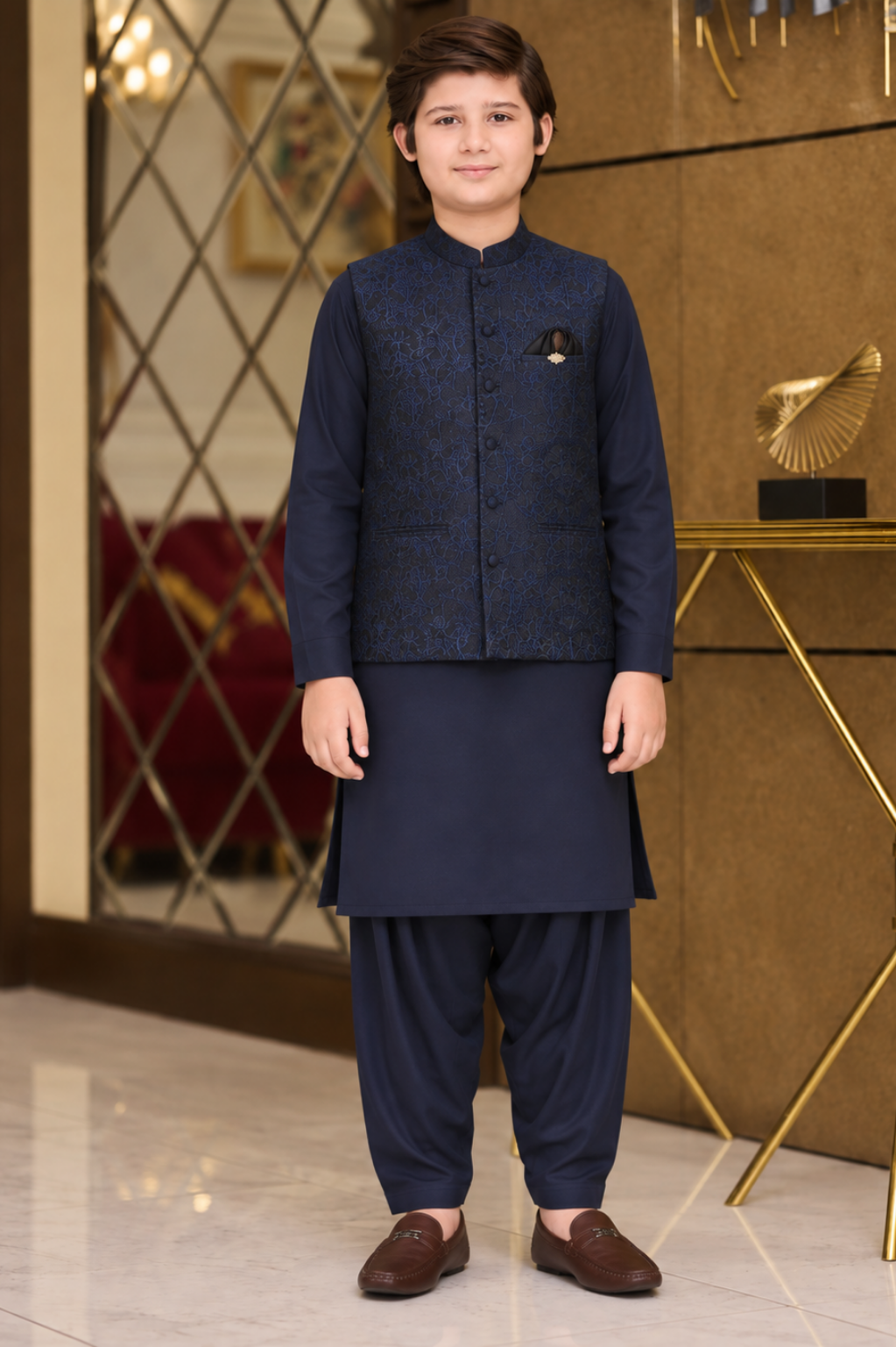 Boys Jacquard Waistcoat Shalwar Kameez Set