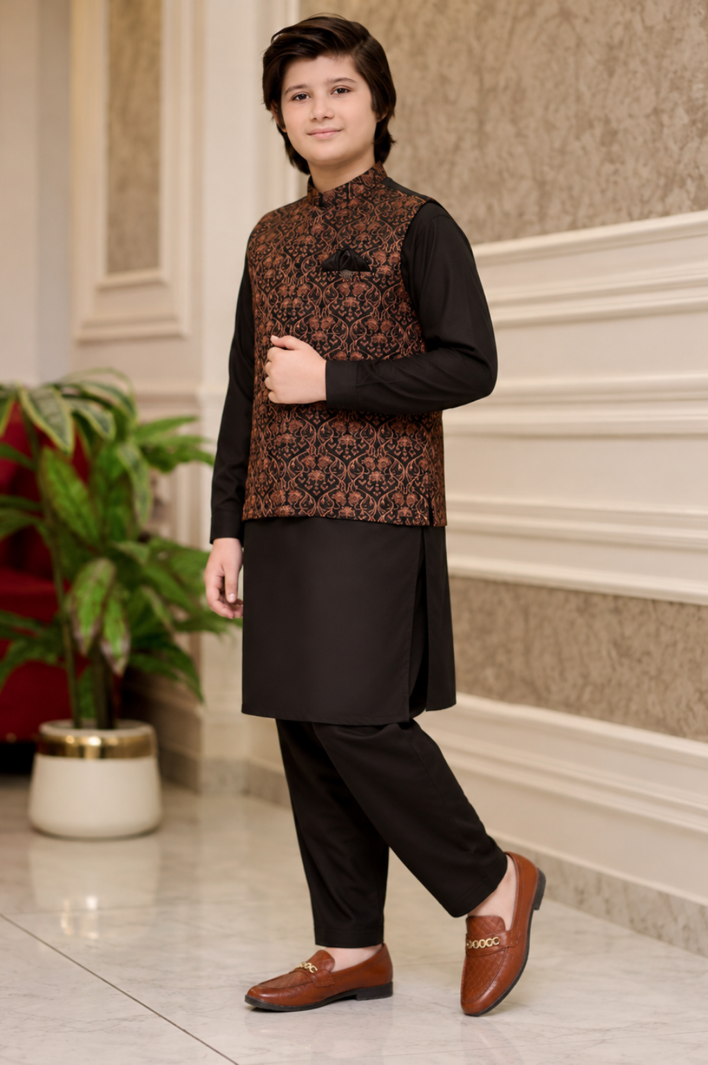 Boys Jacquard Waistcoat Shalwar Kameez Set
