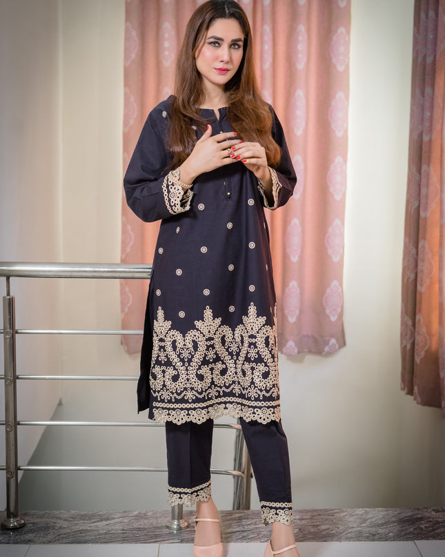Navy Blue Embroidered Staff Cotton 2 Piece Suit