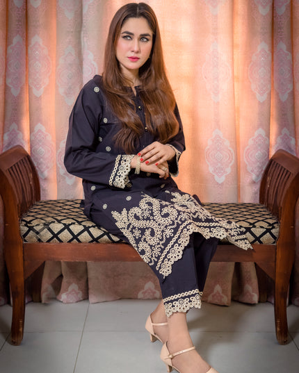 Navy Blue Embroidered Staff Cotton 2 Piece Suit