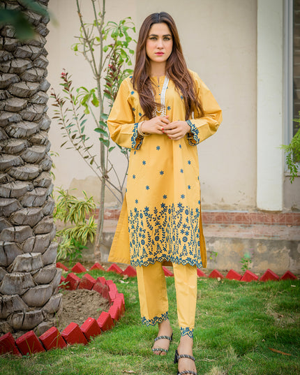 Mustard Yellow Embroidered Cotton 2 Piece Suit