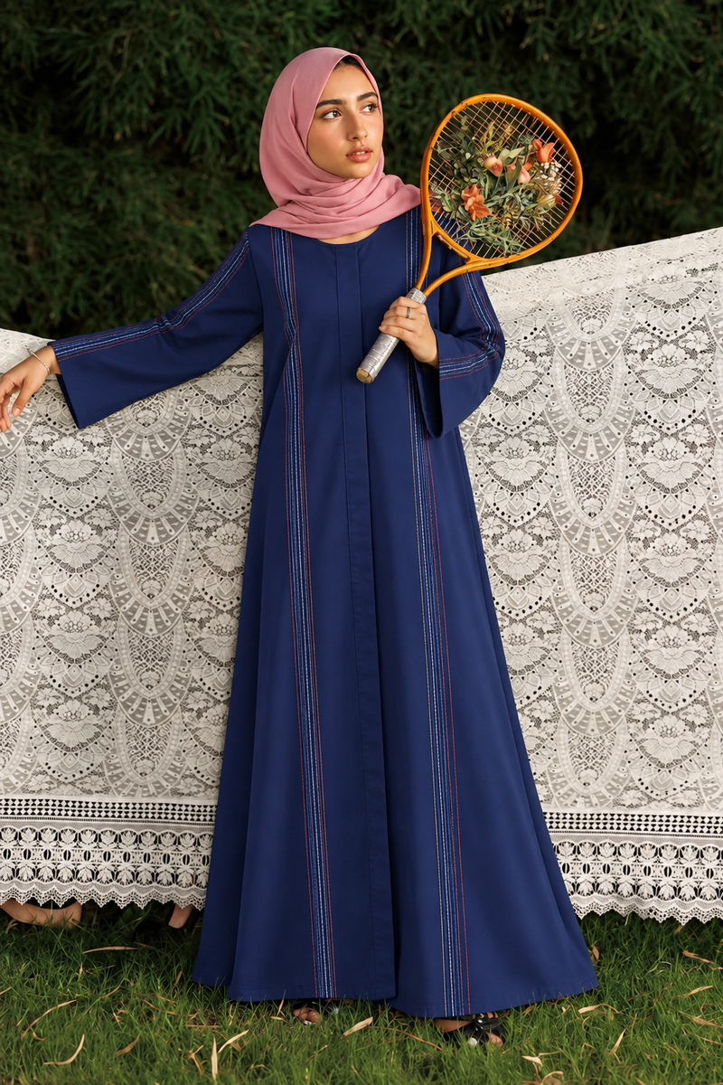 Navy Blue Multicolor Thread Abaya