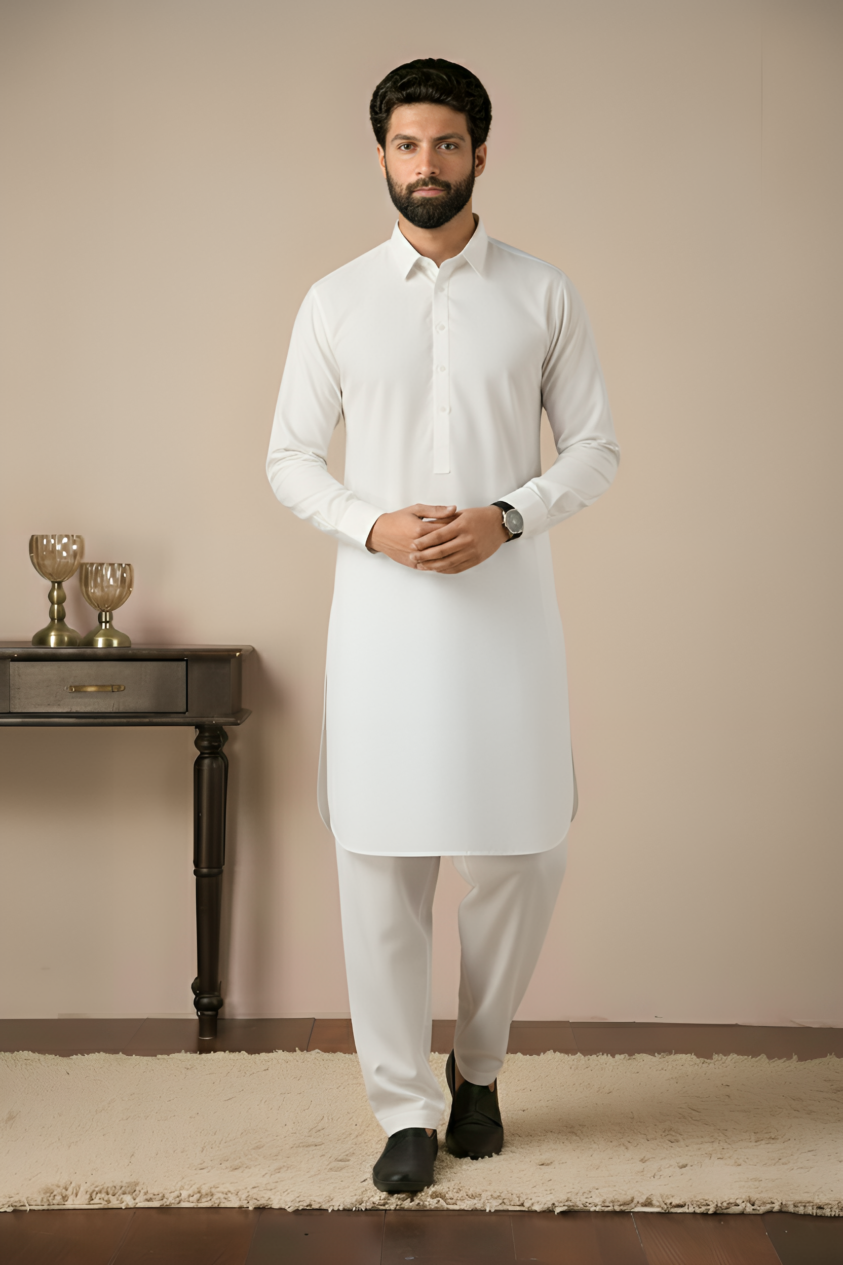Gold Medal Style- White Kameez Shalwar