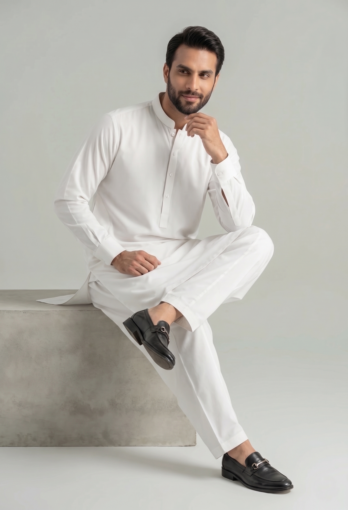 Safari - White Kameez Shalwar Band Collar