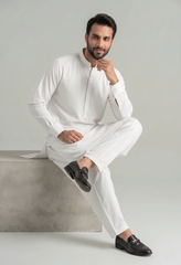 Safari - White Kameez Shalwar Band Collar