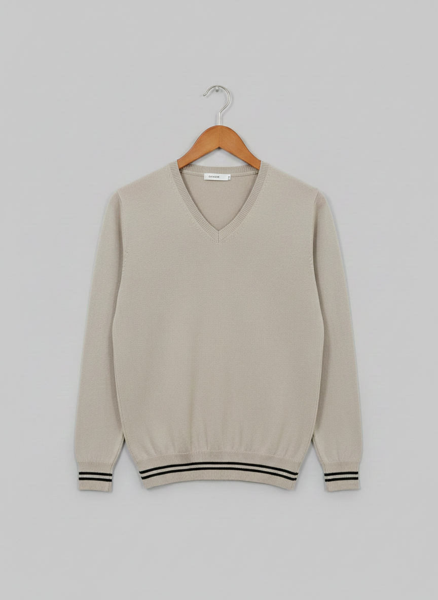 Men’s V-Neck Knit Sweater – Beige