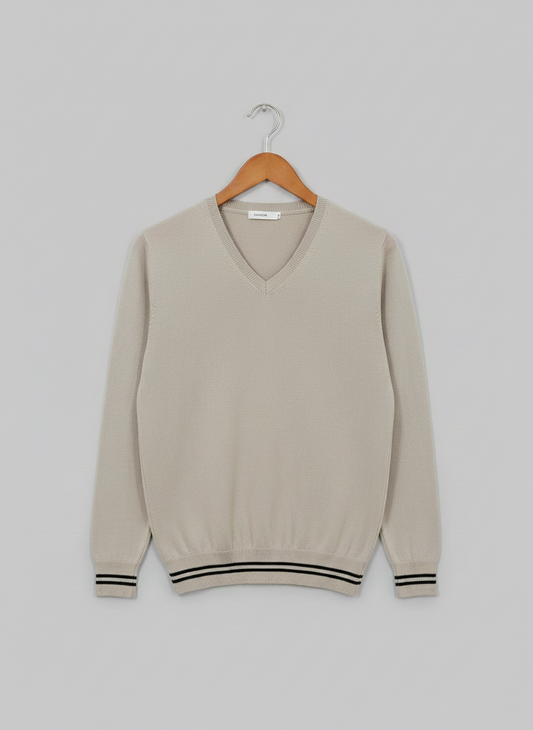 Men’s V-Neck Knit Sweater – Beige