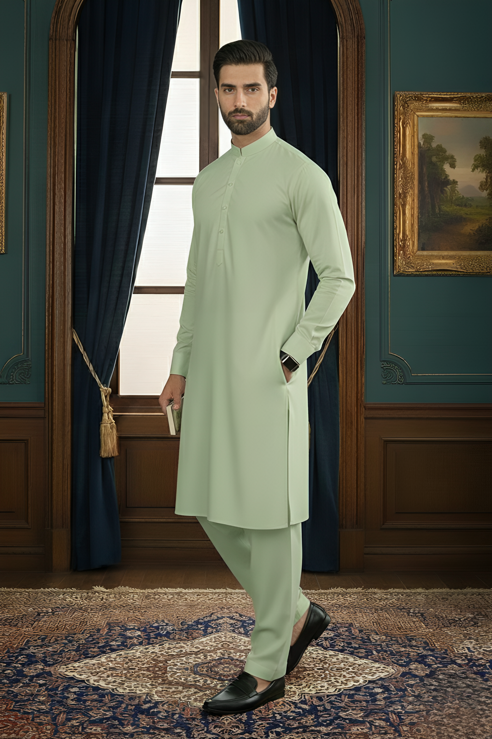 Inspiration-Pista Green Kameez Shalwar
