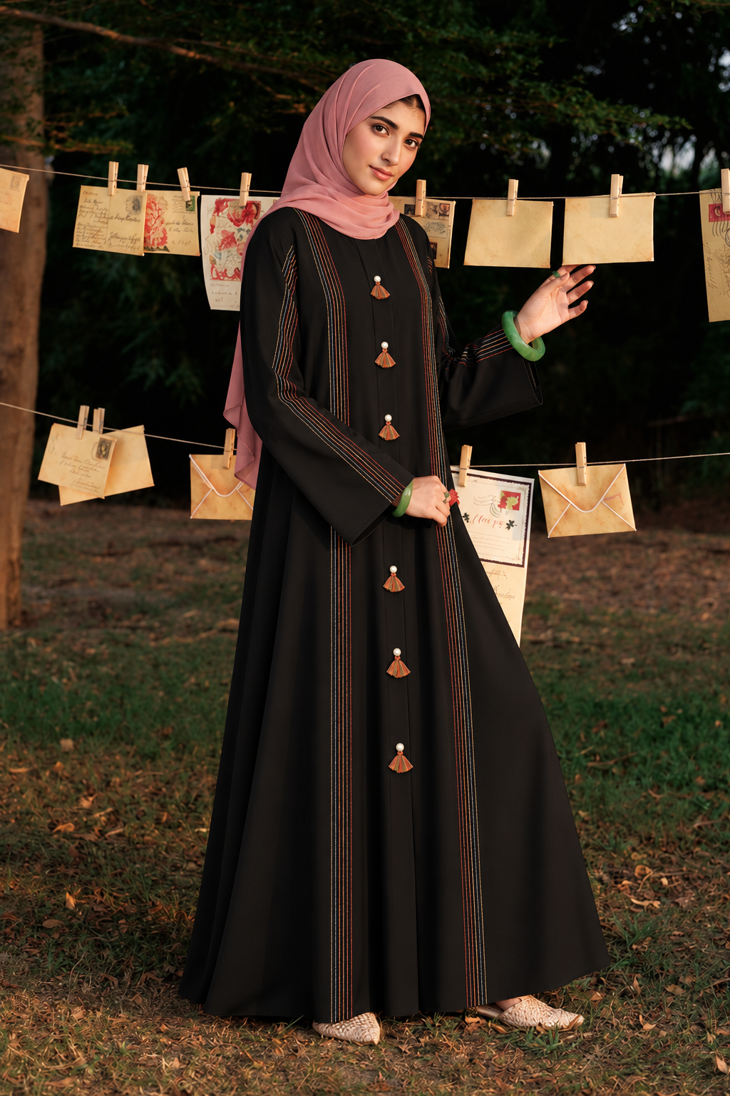 Black Multicolor Thread Line Abaya