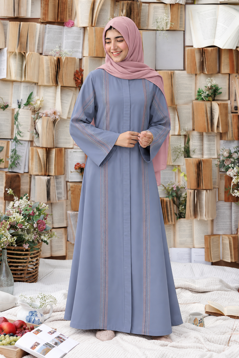 Dusty Blue Multicolor Thread Abaya
