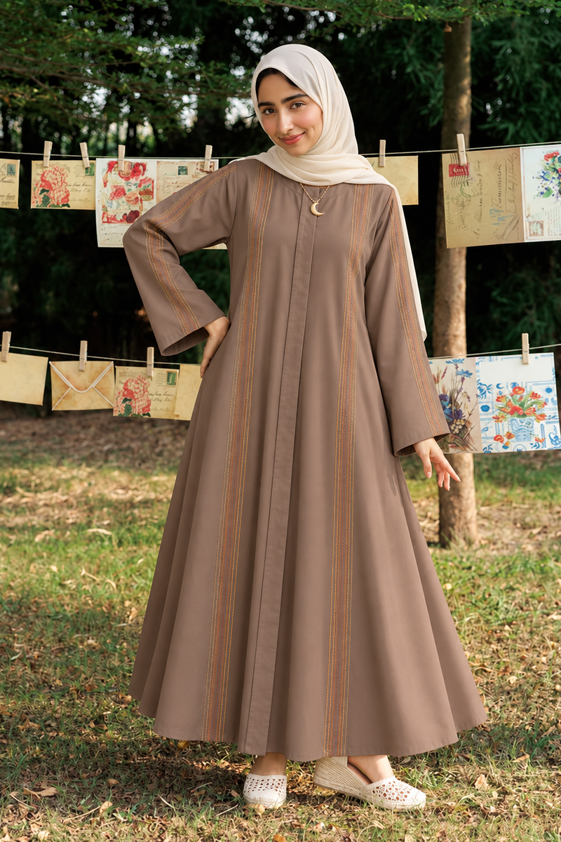L-Brown Multicolor Thread Line Abaya