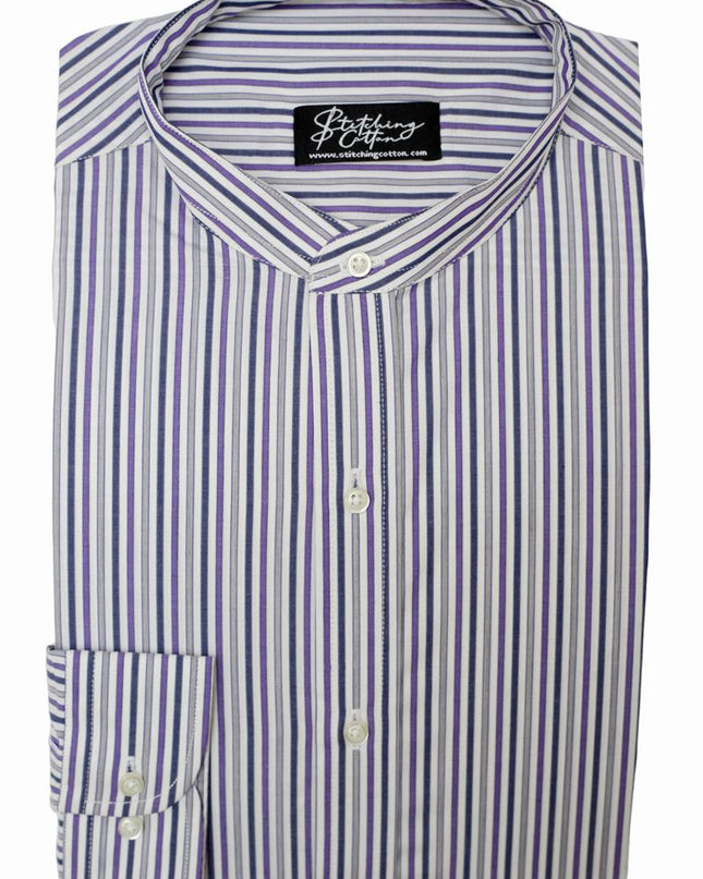 Men Casual Shirt Stripe Shirt Band Collar