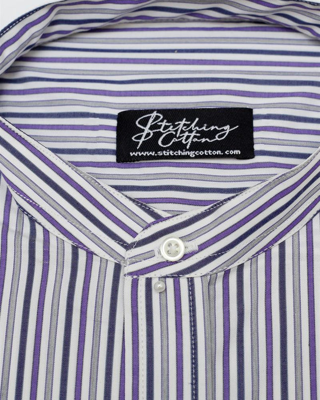 Men Casual Shirt Stripe Shirt Band Collar