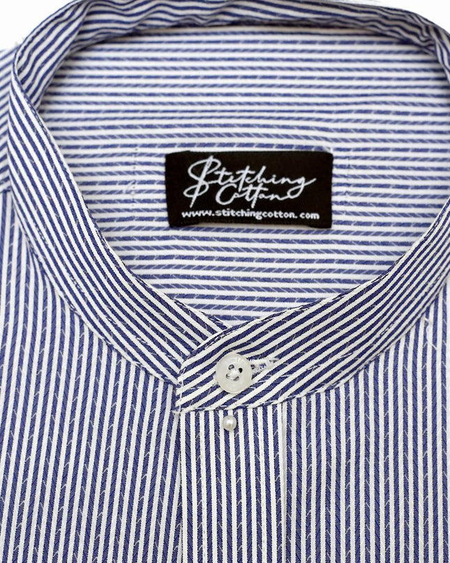 Men Casual Shirt Stripe Shirt Band Collar